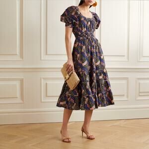 Ulla Johnson Juniper Floral Print Cotton Poplin Midi Dress in Army Green Size 6